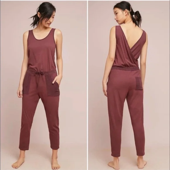 Anthropologie T.La Gemistus CrossBack Jumpsuit Romper Size S Burgundy Sleeveless - Picture 1 of 9